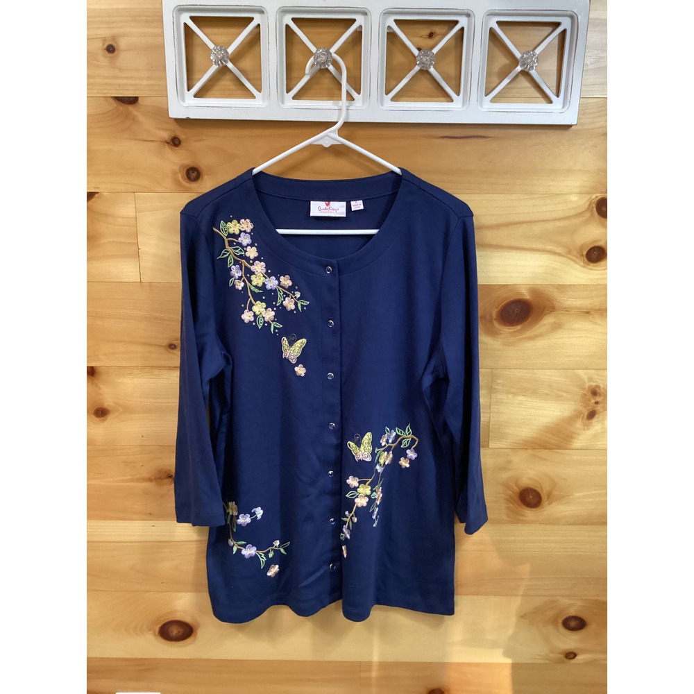Quacker Factory Navy Blue Embroidered Butterfly Floral Cardigan Top L Cottage